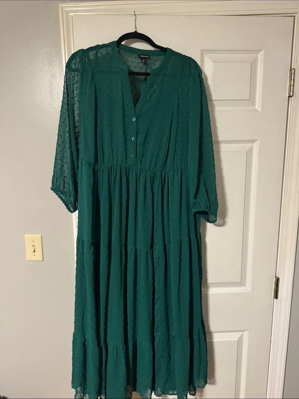 torrid Emerald Green Button-Front Tiered Midi Dress - Picture 1 of 5